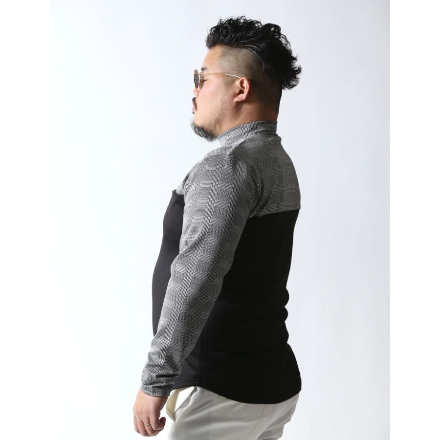 大きいサイズ 長袖Tシャツ カットソー メンズ   モックネック グレンチェック 切替 ストレッチ 3L    ゴルフ スポーツ カジュアル 黄 緑　黒 春 夏 秋 冬 |  | 16
