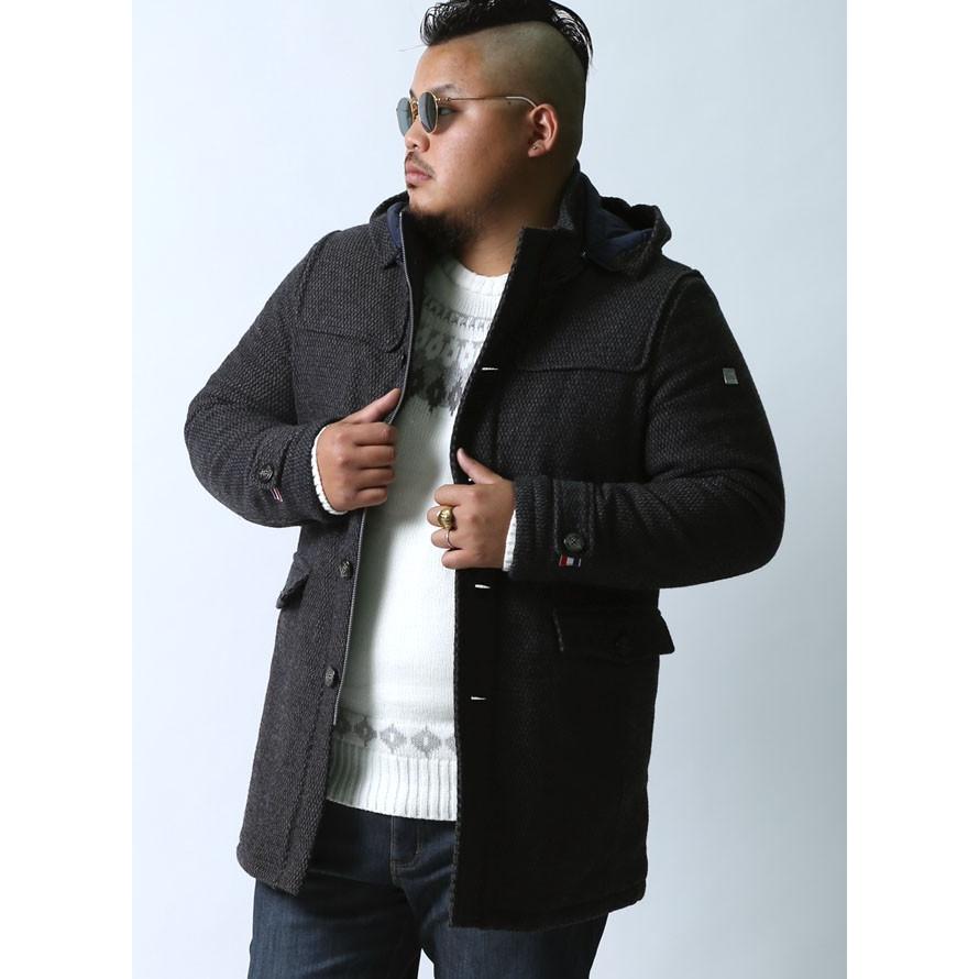 大きいサイズ 中綿コート メンズ ハーフコート VAGIIE(バジエ) ツイード ウール フード脱着式 2L カジュアル 紺　黒 秋 冬 |  | 01