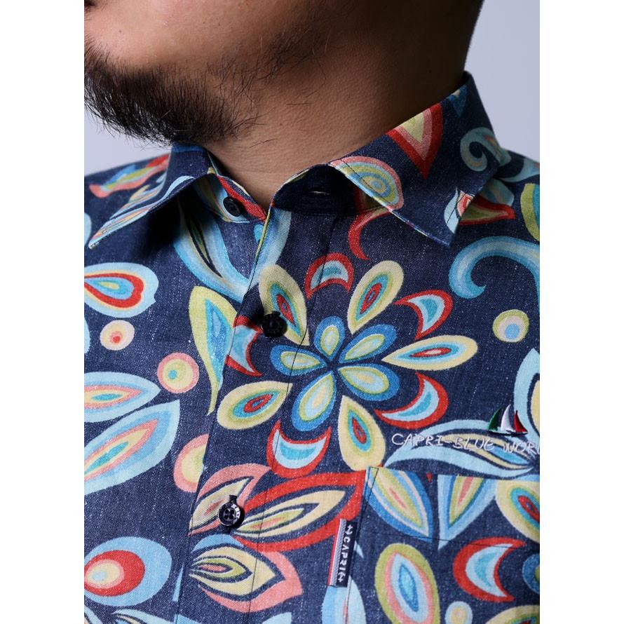 大きいサイズ 半袖シャツ カジュアルシャツ メンズ レギュラーカラー CAPRI(カプリ) ハイカラ柄 麻100％ 2L(50)     黄 紺 春 夏 |  | 03