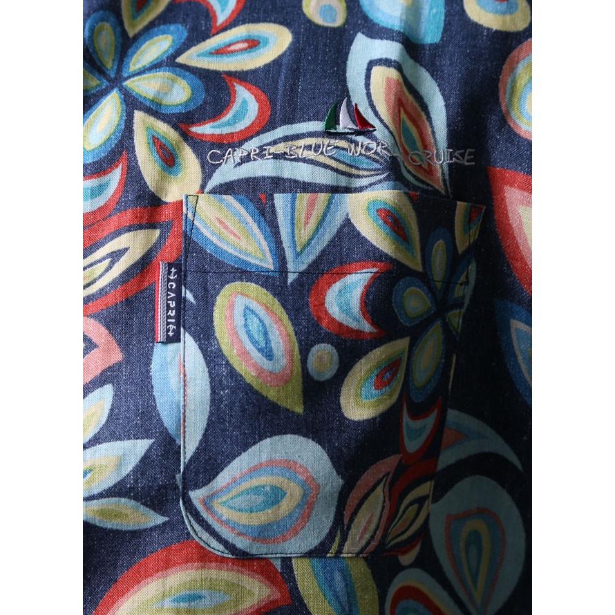 大きいサイズ 半袖シャツ カジュアルシャツ メンズ レギュラーカラー CAPRI(カプリ) ハイカラ柄 麻100％ 2L(50)     黄 紺 春 夏 |  | 04