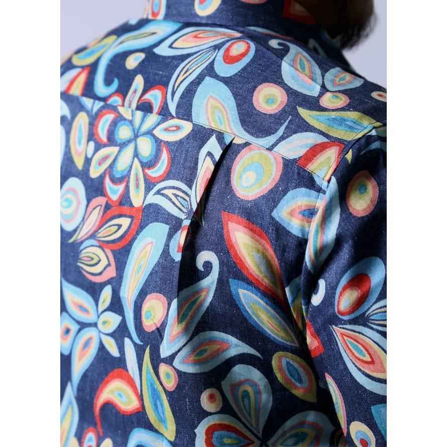 大きいサイズ 半袖シャツ カジュアルシャツ メンズ レギュラーカラー CAPRI(カプリ) ハイカラ柄 麻100％ 2L(50)     黄 紺 春 夏 |  | 05