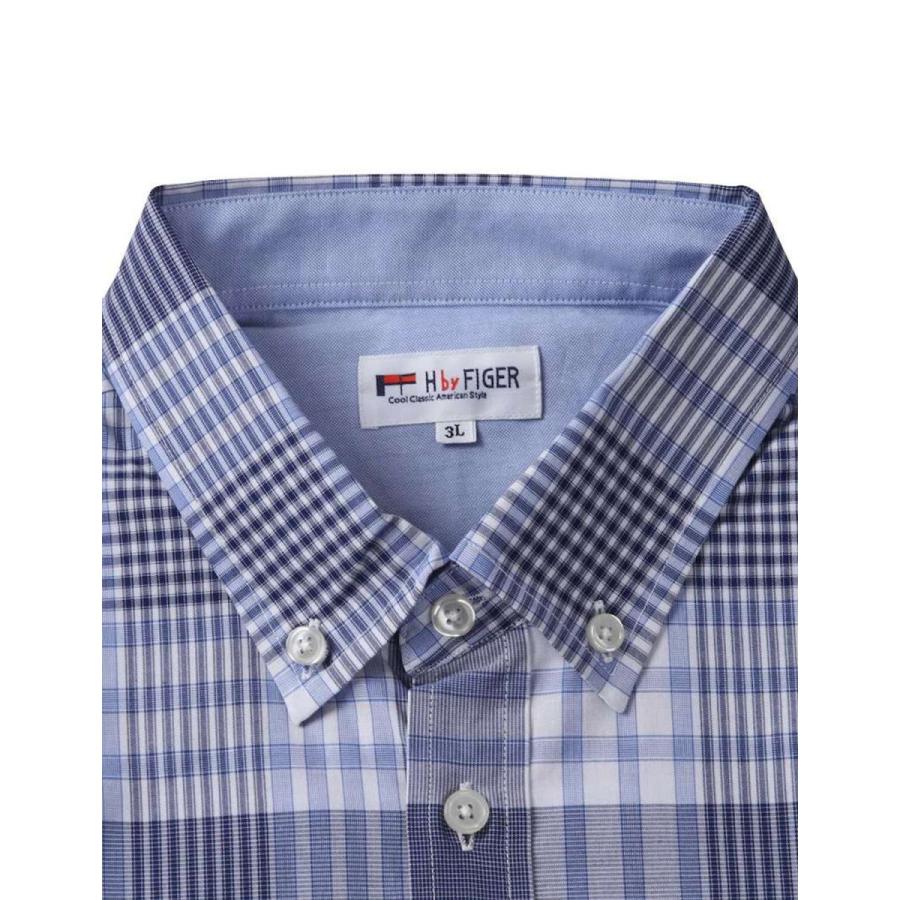 大きいサイズ 半袖シャツ カジュアルシャツ メンズ ボタンダウン H by FIGER (エイチバイフィガー) チェック 刺繍 3L 4L 5L 6L 8L  カジュアル 青 灰 春 夏 秋 |  | 03