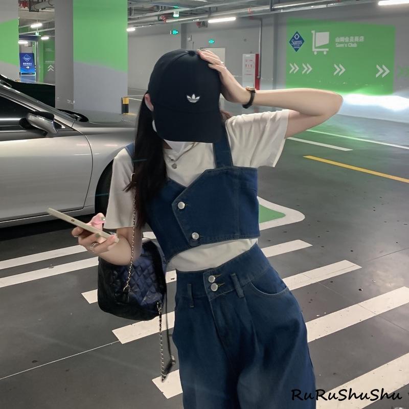 ビスチェ&ワイドパンツ デニム セットアップ 韓国 ヒップホップ デニムビスチェ×ワイドパンツセットアップ[gm749] | レディース