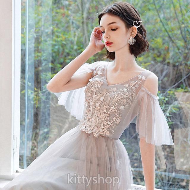 ブライズメイドドレス ロング 結婚式ドレス ミモレ丈 グレー ピンク 