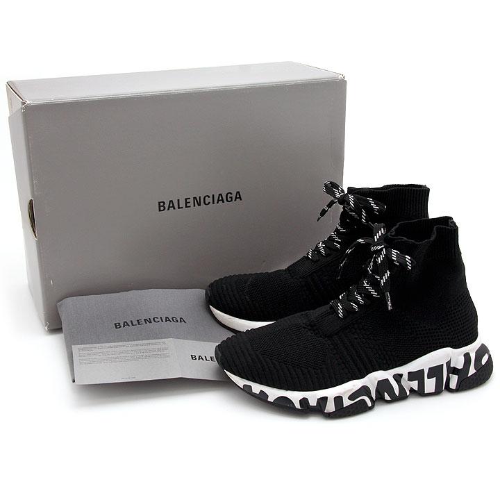 バレンシアガ BALENCIAGA スニーカー スピードレースアップ グラフィティ ブラック ホワイト 36 24cm ブランドシューズ 中古