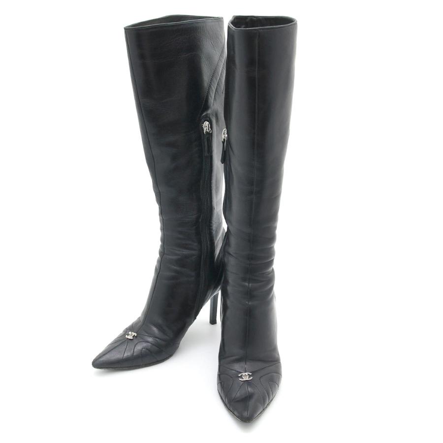 CHANEL ブラック レザーブーツ 高ヒール シャネルショートブーツ レザー ハイヒール ブラック 黒 高級感 Chanel