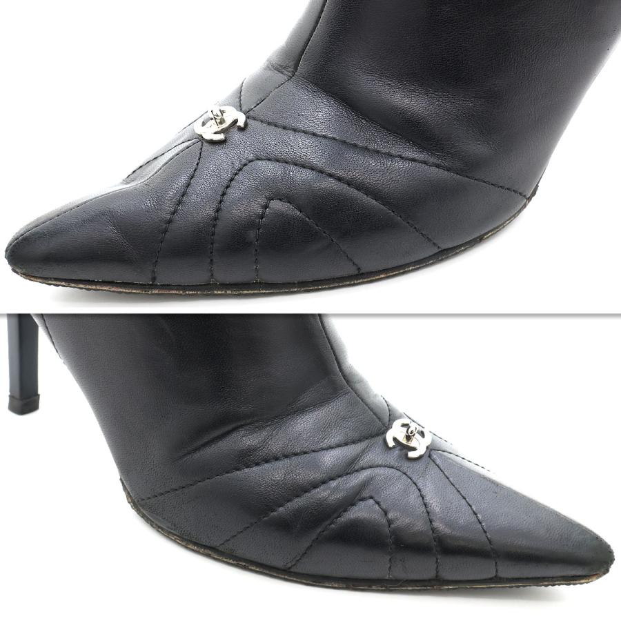 シャネルCHANEL 黒 レザーブーツ ポインテッドトゥ CHANEL シャネル ブーツ ポインテッドトゥ サイドジップ ロング