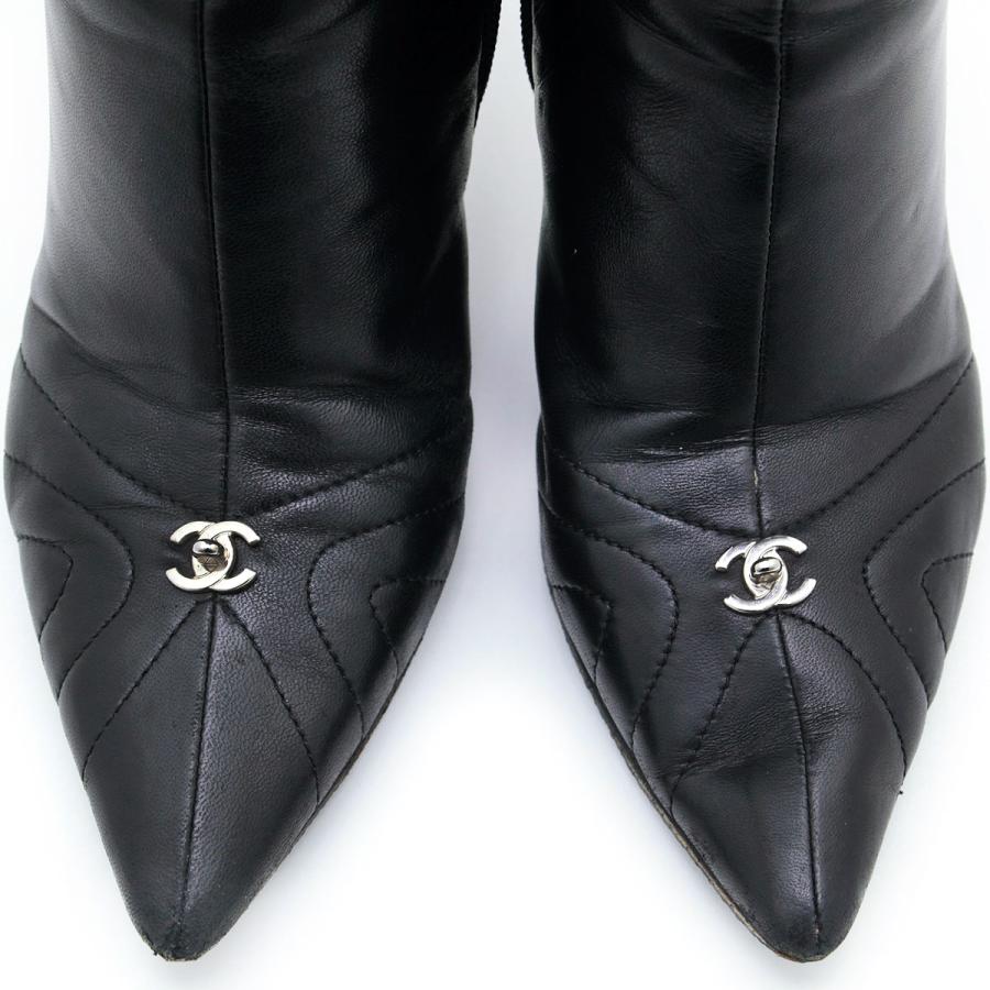 【CHANEL】シャネル ブラック ココマーク レザー ブーツ 24cm シャネル ココマーク 24C レザー ショートブーツ 36.5C