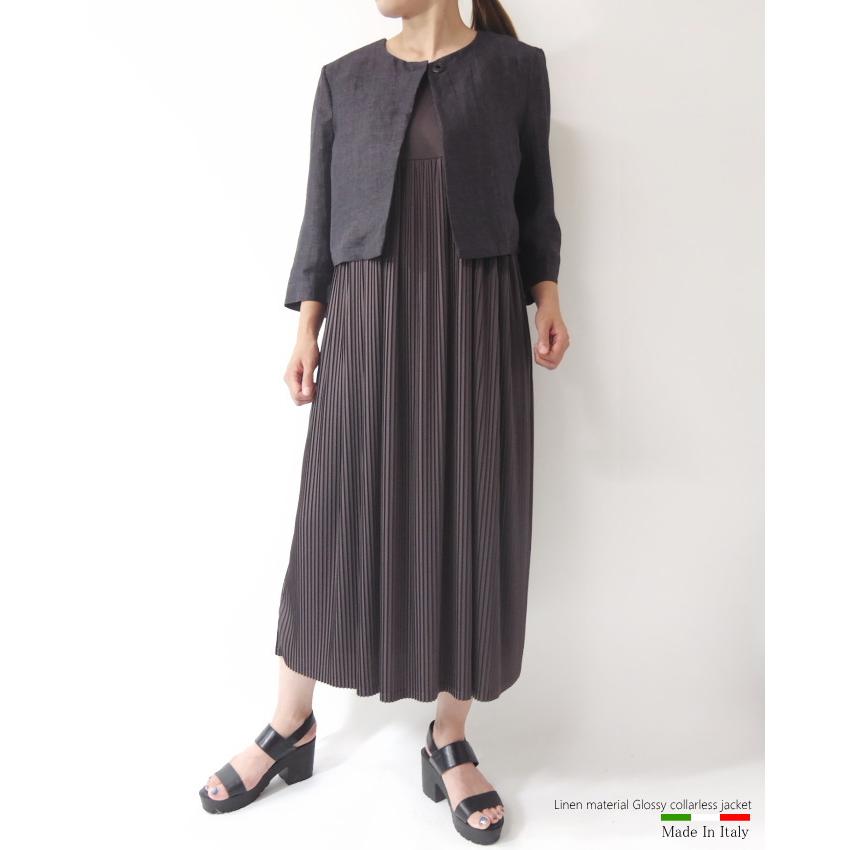ノーカラージャケット リネン シワ加工 ミセス ファッション 50 代 40 