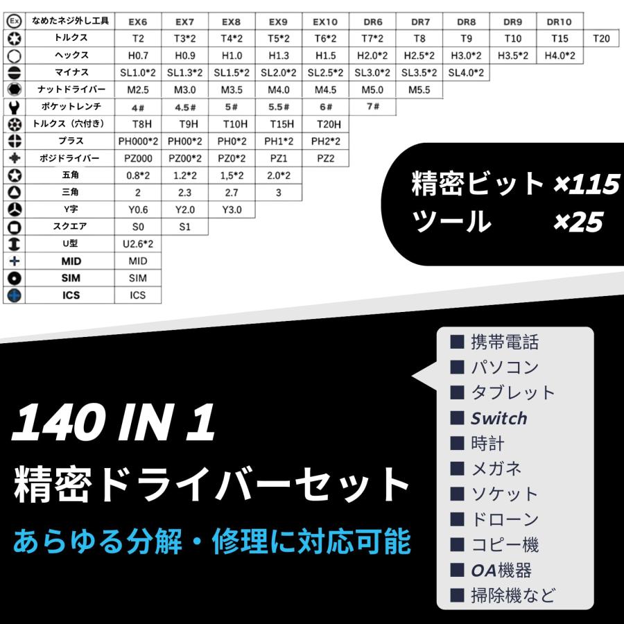 FANACAN 140in1精密ドライバーセット 特殊ネジ対応 磁石付き なめたネジ外し 分解修理工具キット 電動ドライバーに装着 メーカー3年｜r-street｜02