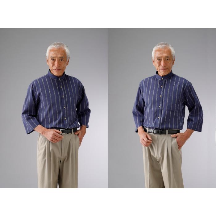 FC ストライプ柄しじら織 七分袖 スタンド衿シャツ 2枚組 41262