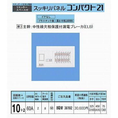 パナソニック　スッキリパネル21　標準タイプ　BQW36102　リミッタースペース付　60A10