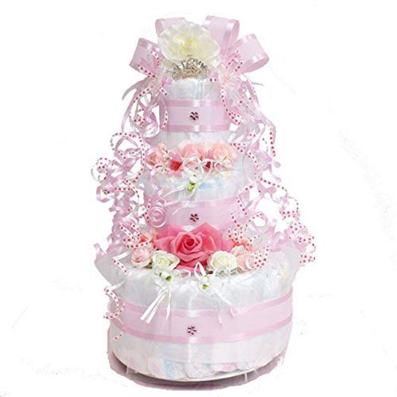 おむつケーキ３段 出産祝いにアメリカ発小さなプリンセスに贈るダイパーケーキ シンデレラ姫 ティアラを飾った3段おむつケーキ 高質