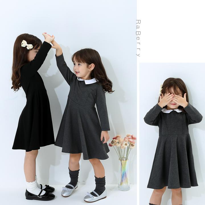 【即納】フォーマル ワンピース キッズ 子供服フォーマル 女の子 長袖 白襟 こども服 子ども服 無地  両側ポケット付き プチプラ 秋 冬 春 |  | 03