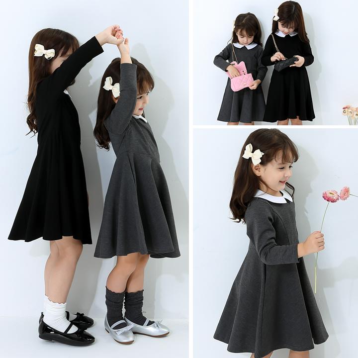 【即納】フォーマル ワンピース キッズ 子供服フォーマル 女の子 長袖 白襟 こども服 子ども服 無地  両側ポケット付き プチプラ 秋 冬 春 |  | 05