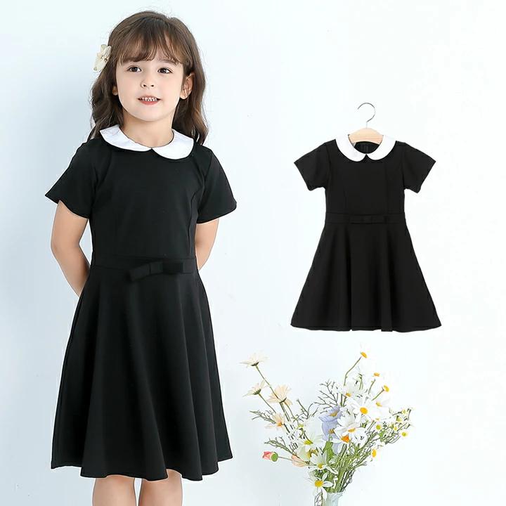【即納】半袖 白襟 フォーマル ワンピース リボン キッズ 子供服 ポケット付き 女の子 長袖 こども服 子ども服 無地 プチプラ 春 夏 礼服 喪服 法事 ブラック | 