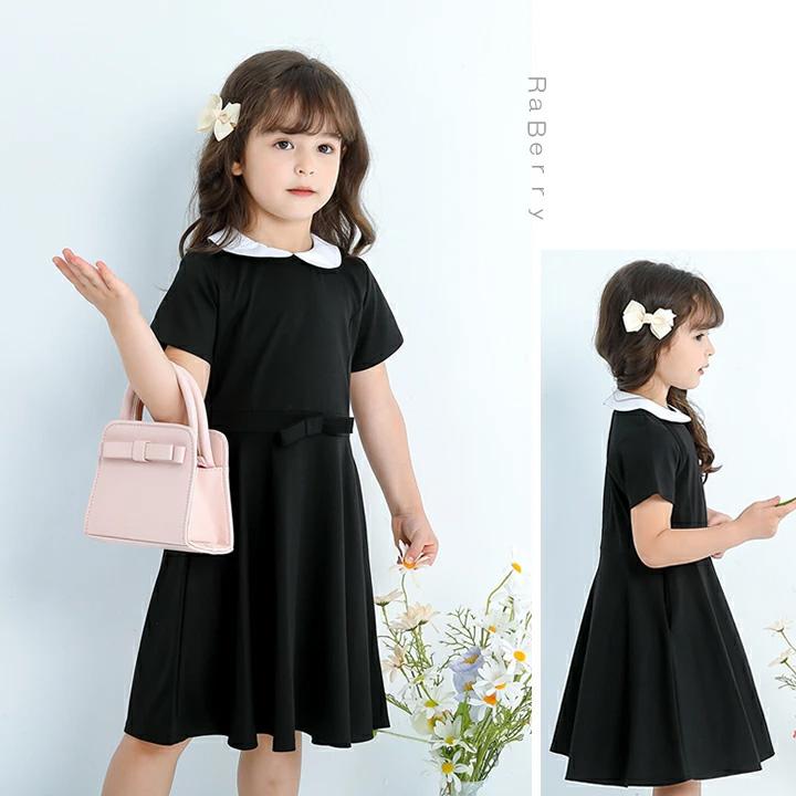 【即納】半袖 白襟 フォーマル ワンピース リボン キッズ 子供服 ポケット付き 女の子 長袖 こども服 子ども服 無地 プチプラ 春 夏 礼服 喪服 法事 ブラック |  | 02
