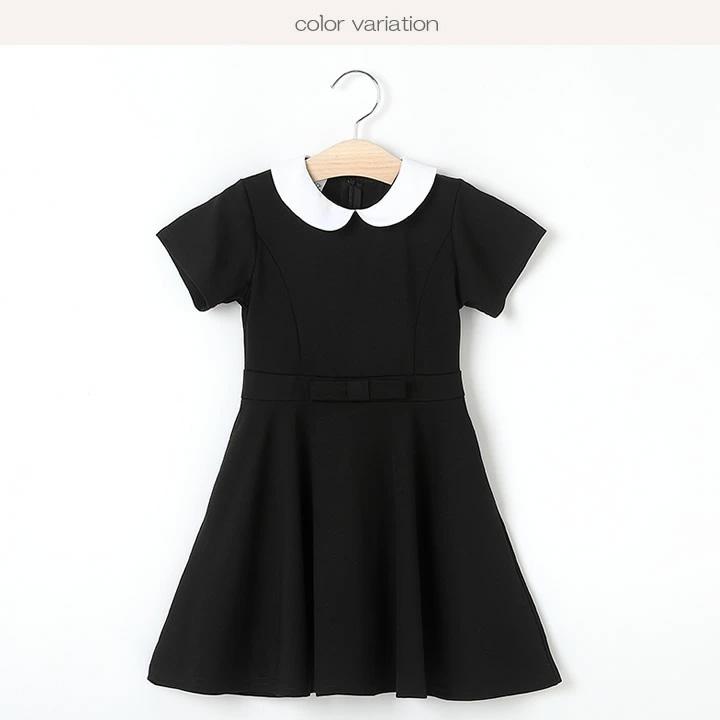 【即納】半袖 白襟 フォーマル ワンピース リボン キッズ 子供服 ポケット付き 女の子 長袖 こども服 子ども服 無地 プチプラ 春 夏 礼服 喪服 法事 ブラック |  | 04
