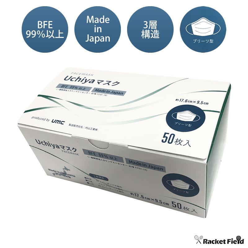 Uchiyaマスク 50枚入り 3層構造 Bfe99 以上 日本製 岡山製 内山工業 プリーツ型 不織布 風邪 花粉 ほこりなど Uchiya Mask ラケットフィールドヤフー店 通販 Yahoo ショッピング