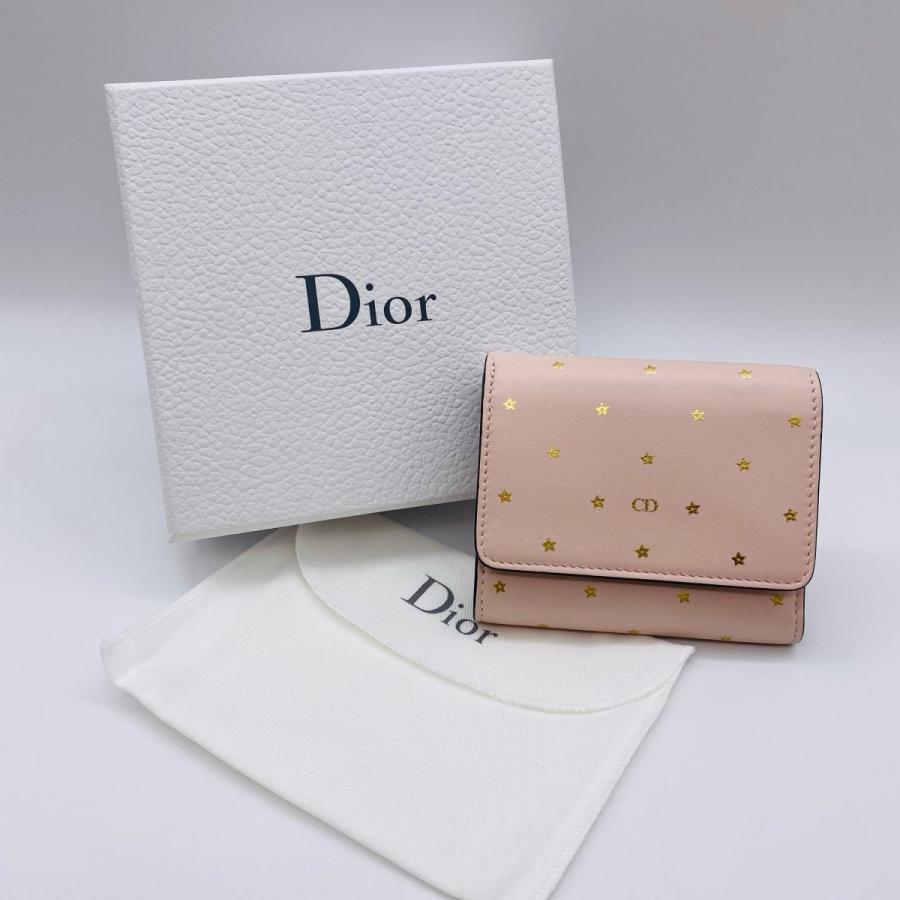 【Christian Dior】クリスチャン・ディオール　コンパクトウォレット　ミニ　三つ折り財布　レザー　スター　ピンク