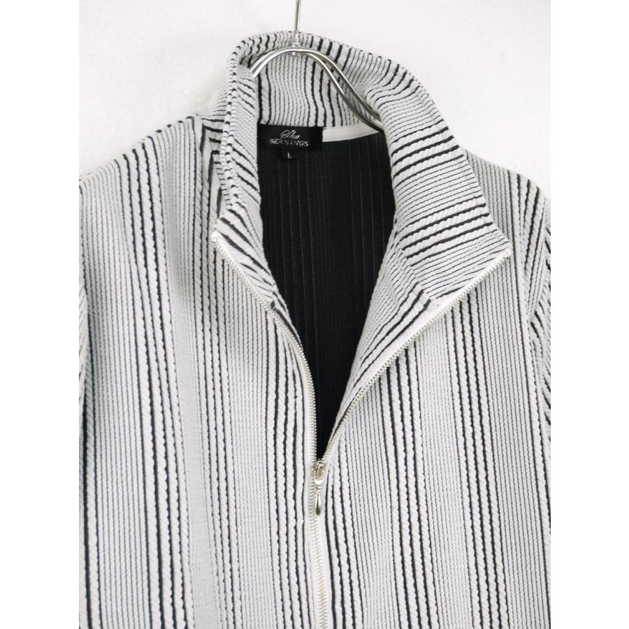 ジップシャツ メンズ 襟ワイヤ イタリアンカラー 半袖 ストライプ