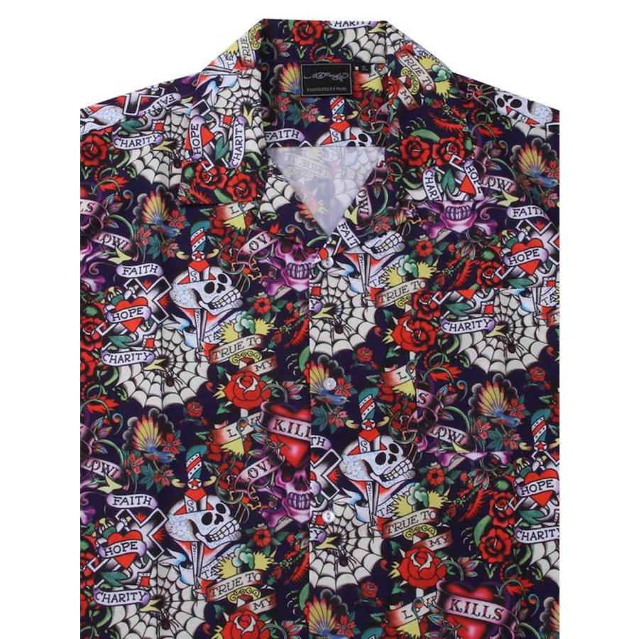 総柄シャツ 半袖 大きいサイズ メンズ 開襟シャツ ドクロ ED HARDY