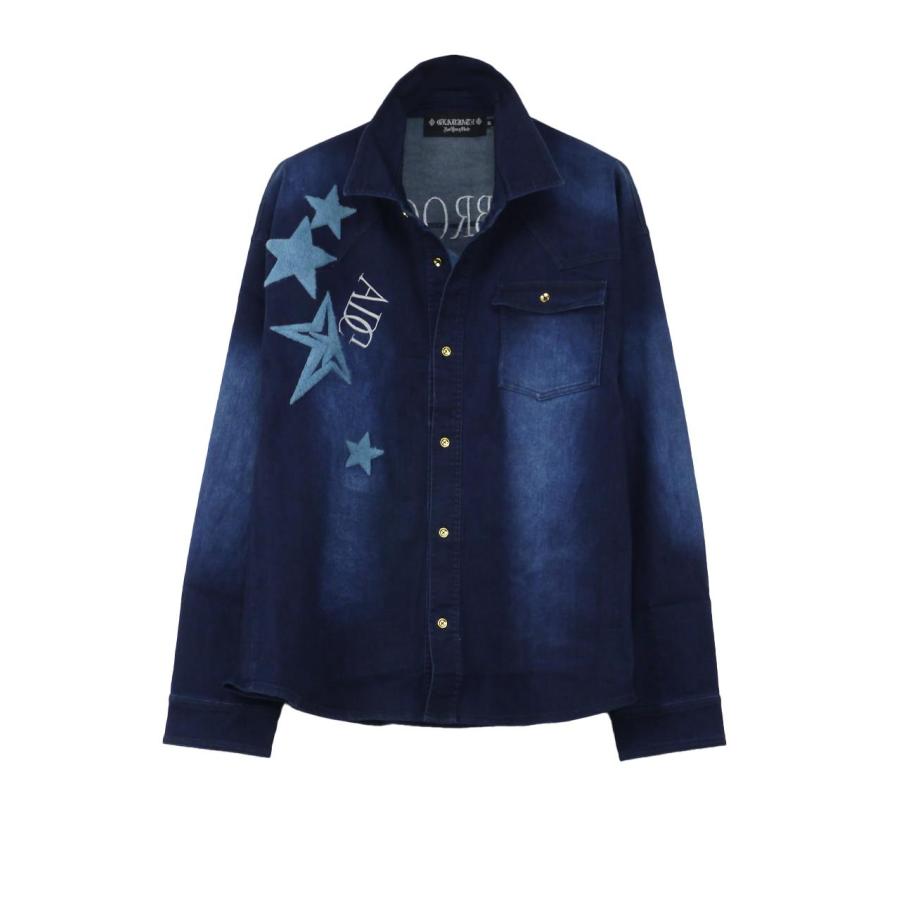 デニムシャツ 長袖 大きいサイズ メンズ ストレッチ スター 星 ロゴ 刺繍 胸ポケット GLADIATE C060819-05 デニムシャツ 長袖 大きいサイズ メンズ ストレッチ スター 星 ロゴ