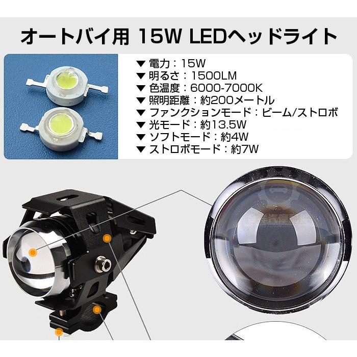 15W LEDヘッドライト オートバイ オフロードバイク 3段階切替 超