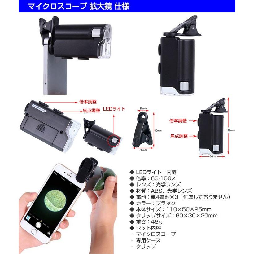 マイクロスコープ 拡大鏡 スマホ用ルーペ 拡大鏡 x60 60倍率 LED付き UVライト スマホ用
