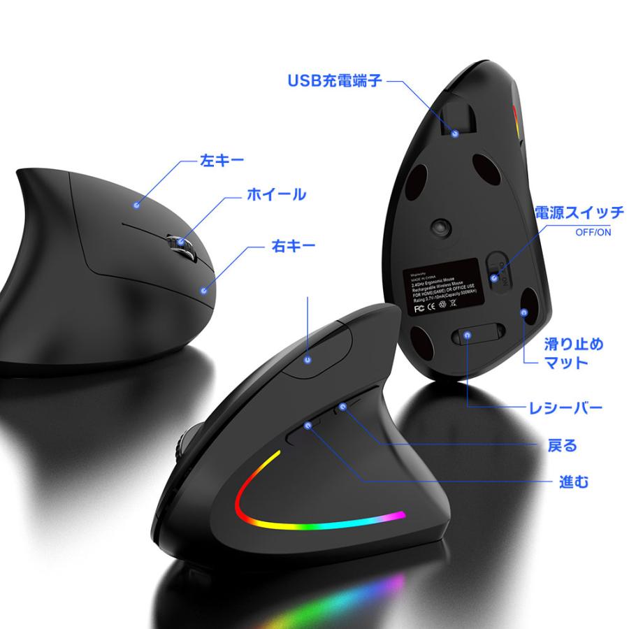 ワイヤレスマウス 縦型マウス USB レシーバー 無線マウス USB充電式