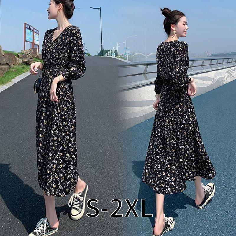 ◆春秋 花柄 ベルフラワー ワンピース 長袖 フレンチ 韓国 小花柄 ワンピース 韓国風 長袖 Vネック フレンチ パープル