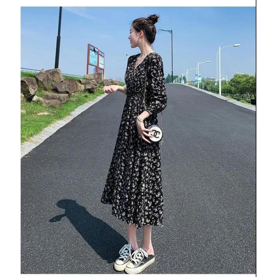 レディース ロングワンピース 黒花柄 気質 韓国 ファッション