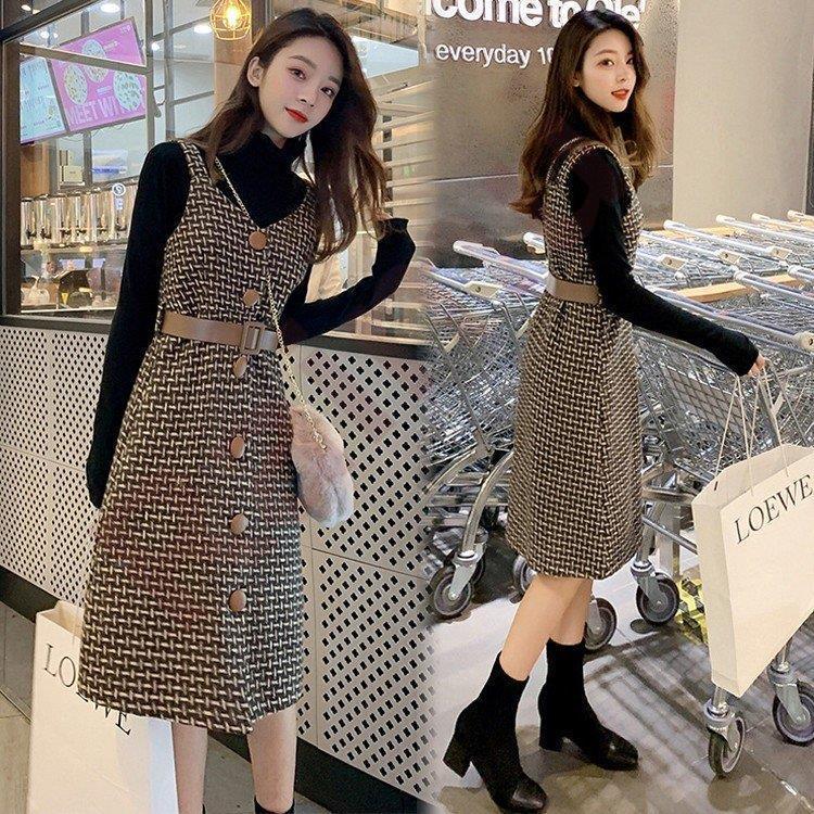 2点セット ワンピース レディース メリヤス セーター 秋冬 膝丈 チェック柄 らしゃ つりスカート ワンピース きれいめ 韓国風 ワンピース 長袖 通勤 着痩せ Raimu 来夢商事 通販 Yahoo ショッピング