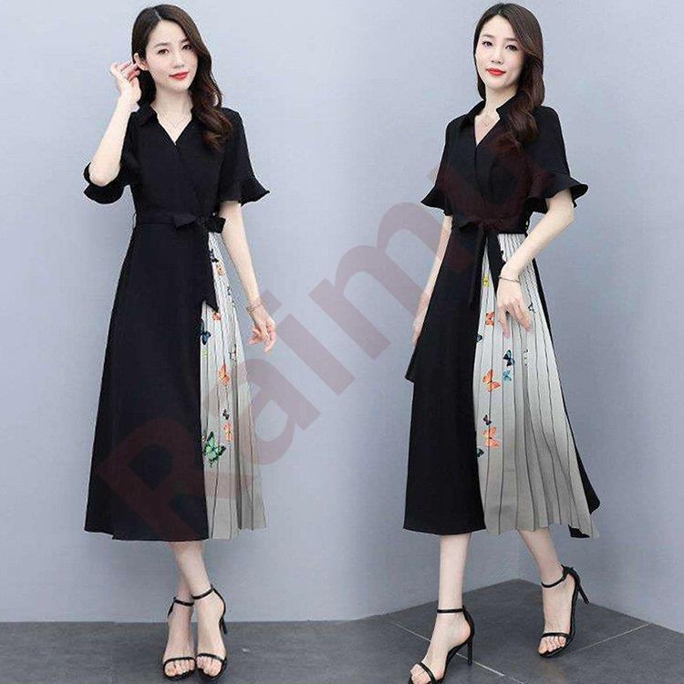 国際ブランド ワンピース レディース 40代 マキシワンピース 春夏新作 半袖ワンピース 黒 Vネック 蝶切り替え プリーツスカートオシャレ韓国風 通勤ol 着痩せ 30代