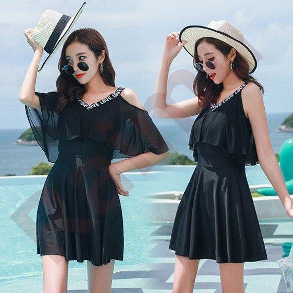 水着レディース 体型カバー 水着 ワンピース型 セパレート 肩出し 小胸バンドゥ 水着2点セット 黒 フリル 韓国風 40代 大きいサイズ 可愛い ウェア 温泉 ママ Raimu Yy 2115 来夢商事 通販 Yahoo ショッピング