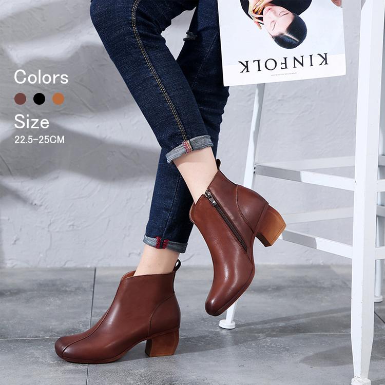 ブーツ レディース ショートブーツ 本革 オシャレ 滑り止め 美足 レディースシューズ 秋冬 太めヒール 美脚 靴 品質検査済 歩きやすい 疲れない