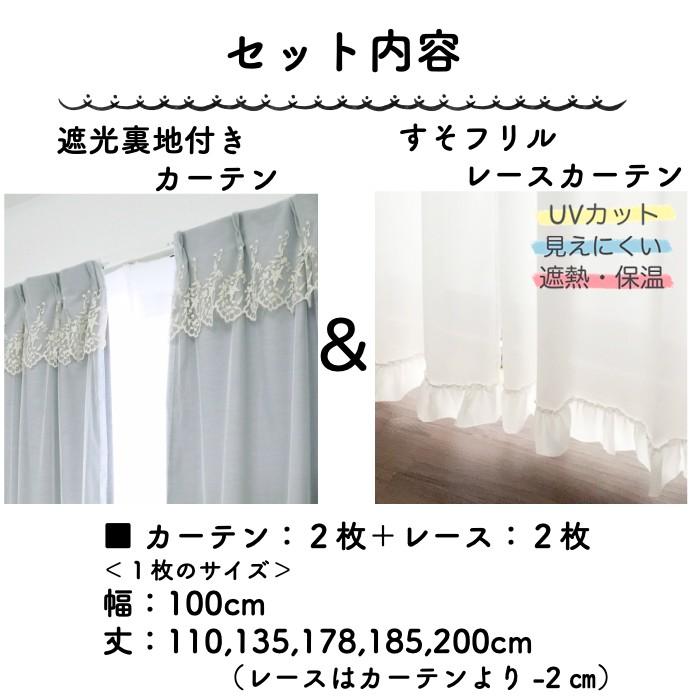 即日発送可能 ブルー 人気フリルレース付き遮光カーテン2枚入り100×178cm