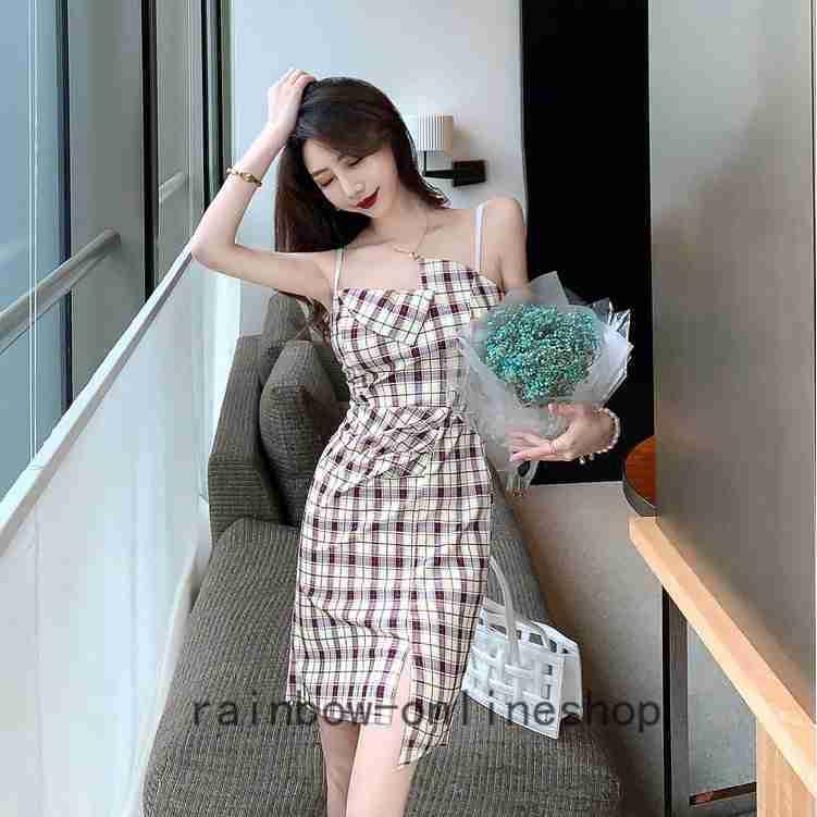 ワンピース キャミソール ミニ丈 ミニワンピース ワンピ チェック柄 大人可愛い スリット スリム デート お呼ばれ 選ぶなら