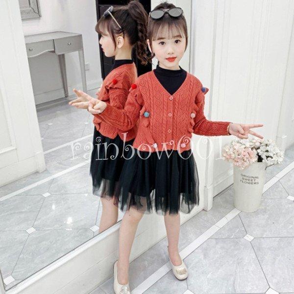 韓国子供服 セットアップ 女の子 秋服 2点セット セーター ワンピース 長袖 チュールスカート オシャレ リンセス 通学 通園 普段着 女児用 2色 110 160cm 子ども服