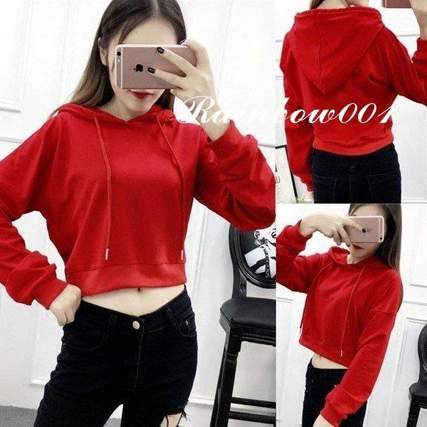 ヘソ出し パーカー レディース Si プルオーバー 長袖 秋 冬 ダンス 衣装 無地 可愛い かわいい トップス 黒 赤 92 以上節約