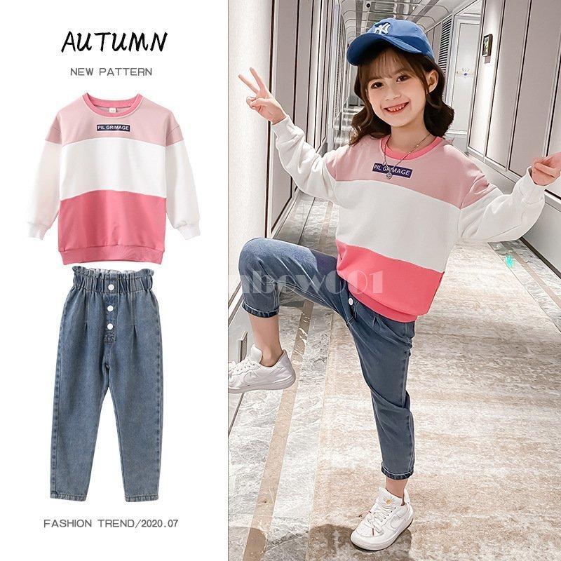 子供服 セットアップ 女の子 長袖 春秋 秋着 上下セット 韓国子供服 キッズ ジュニア Tシャツ デニムパンツ 長ズボン 可愛い おしゃれ 小学生 通学着 新品 13周年記念イベントが
