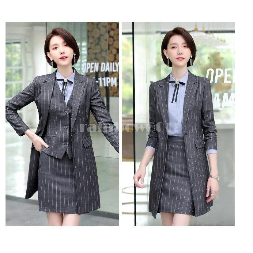 ストライプ レディース5点セット ベスト付きスーツ ビジネススーツ セットアップ フォーマルスーツ 通勤 Ol オフィス スカートスーツ 就職活動 面接 卒業式 新作からsaleアイテム等お得な商品満載