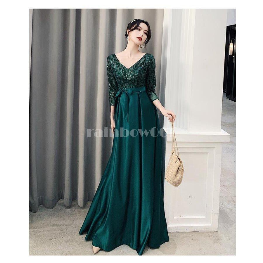 ウエディングドレス パーティードレス 上品 袖あり ロング丈ドレス Aラインワンピース 結婚式ドレス