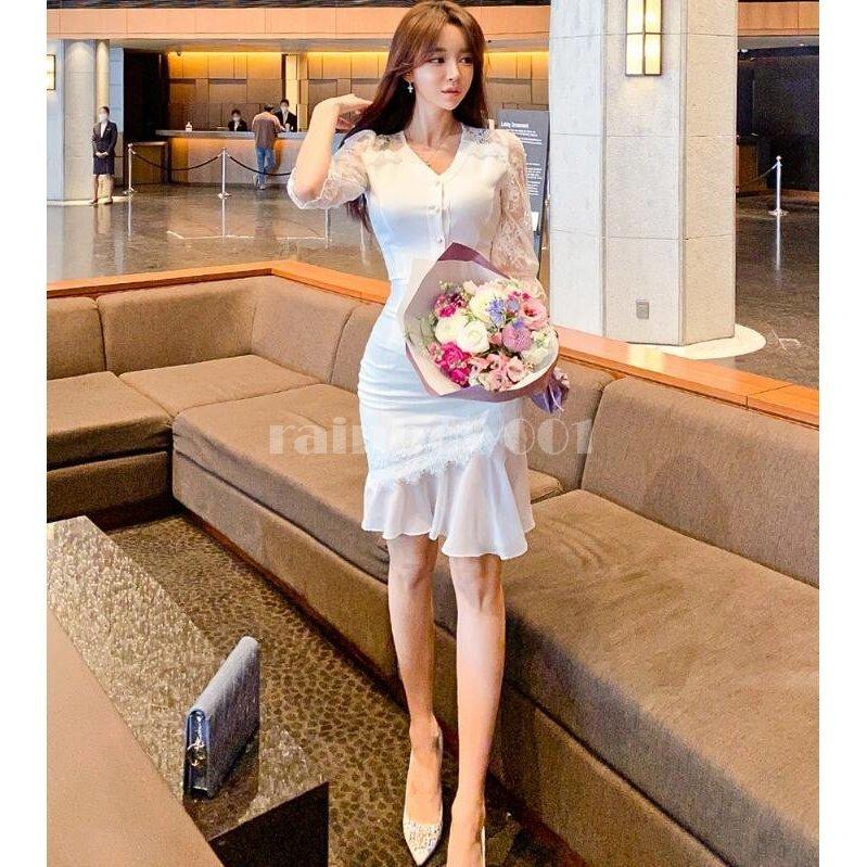 ひざ丈ワンピース マーメイドドレス オフィス 結婚式ドレス パーディードレス タイトワンピース Vネック 上品 韓国風 おしゃれ 通勤 お食事会 成人式 卒業式 人気激安