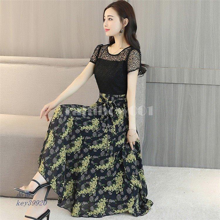 ワンピース レディース 40代 キレイめ 花柄ワンピース ワンピース オシャレ 上品 春夏 結婚式ドレス レース切り替え ロング丈ワンピ マキシ ワンピース 半袖 世界の