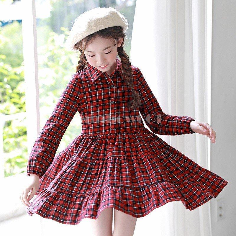 子供服 赤い チェック ワンピース 韓国子供服 長袖 シャツ ...