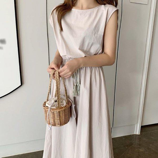全3色 5サイズ ウエストシャーリング リネンワンピース ワンピース リネン ウエストヒモ 体型カバー 春夏 きれいめ ロング フレンチスリ 玄関先迄納品