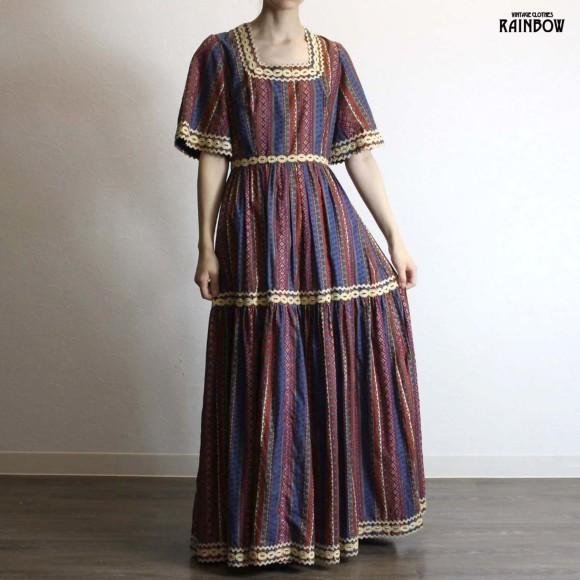 新品 古着 ワンピース Otu ヴィンテージ レディース ロング丈 五分袖 プリント カラフル ワンピース チュニック