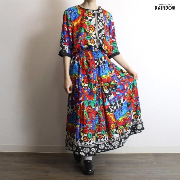 値引きする ビビッド カラフル ワンピース 古着 プリント Otu ヴィンテージ レディース ロング丈 五分袖 ワンピース チュニック Sergiopizarro Com Co