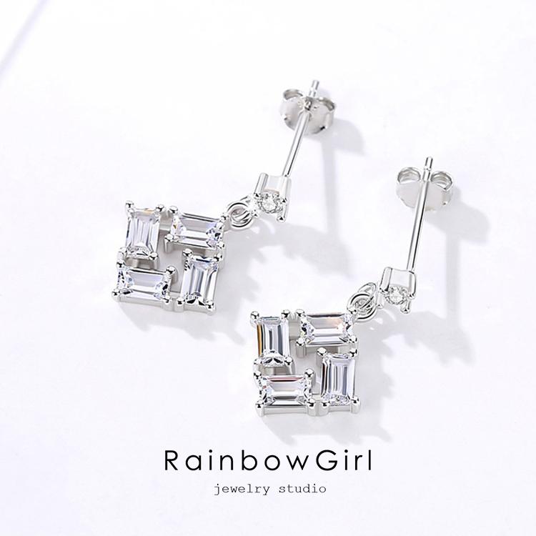 RainbowGirl ピアス レディース 揺れる 四角 スクエア シルバー ピンク 